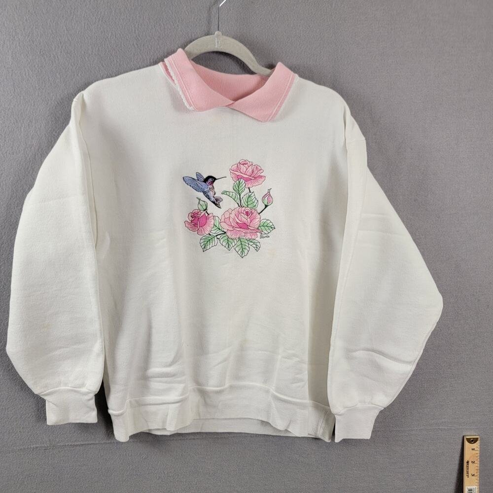 Vintage 90s Hummingbird Embroidered Long Sleeve Sweatshirt Sz L White/Pink (236)